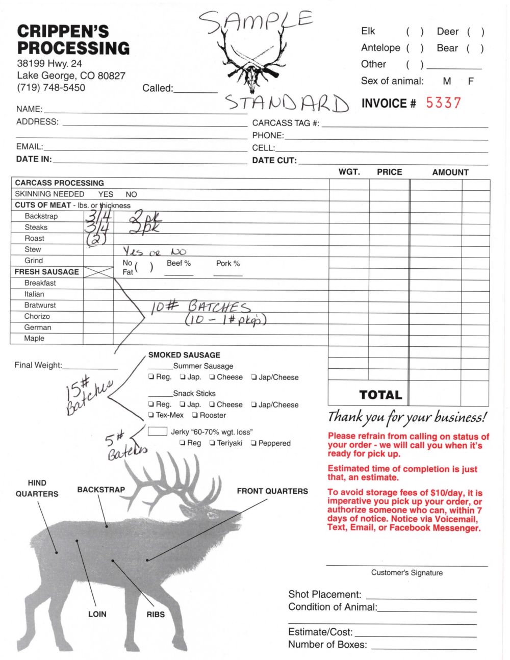 Wild game cut sheet